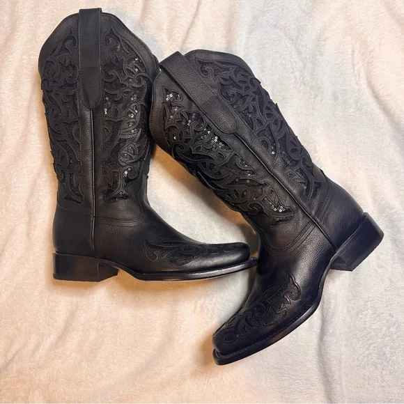 JB Dillion Black Leather & Sequin Cowboy Boots Size 7 1/2 (7.5) Never Worn. - Picture 4 of 9
